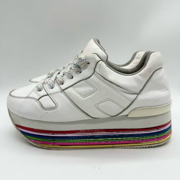 White & Metallic Rainbow Platform Lace Up Sneaker - Festival Pride Colorful Art - Picture 7 of 14